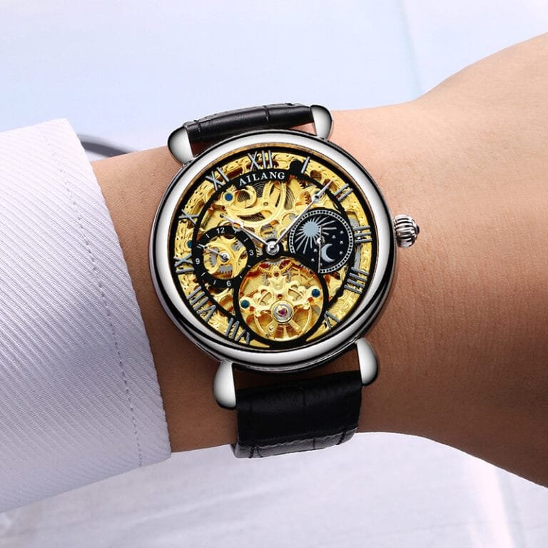 Gold Hollow Movement Men’s Fashion Automatic Mechanical Watch Leather Business Men’s Watch