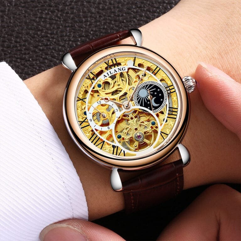 Gold Hollow Movement Men’s Fashion Automatic Mechanical Watch Leather Business Men’s Watch