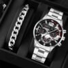 2pcs Men's New Popular Steel Strip Fashion Business Three Eye Quartz Watch Bracelet Set Valentine's Day Gifts - Image 2